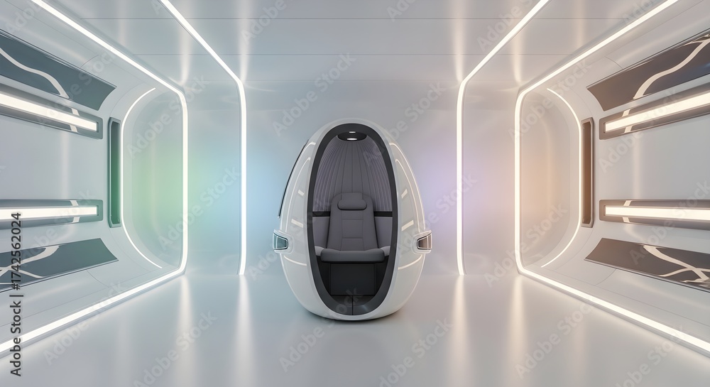 Naklejka premium Sleek Futuristic Personal Relaxation Pod in White Sci-Fi Corridor