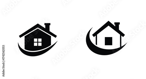 Two simple house icons embraced by curved shapes black on white