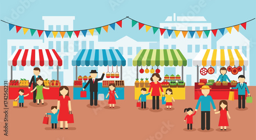 Vibrant outdoor market scene with stalls and cheerful families enjoying the day