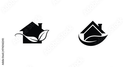 Two black and white house and leaf logo designs for eco living