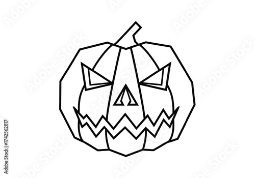A black and white line drawing of a jack o lantern with a spooky face on a black pixelated background