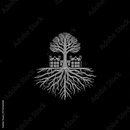 Architectural Harmony: A unique monochrome illustration showcasing a majestic tree intertwined with a building, symbolizing growth, strength.