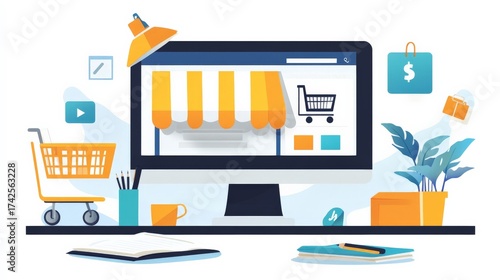 E-commerce Workspace: A meticulously crafted illustration portrays the dynamic world of online commerce. A computer screen displays an inviting online store, accompanied by a shopping cart.