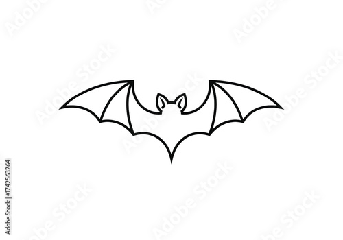 A simple black and white outline of a bat with its wings spread against a black background