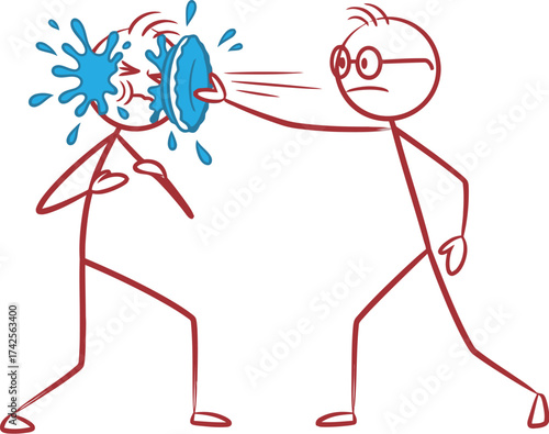 Stick figure throwing pie at another stick figure's face art editable vector file