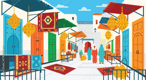 Vibrant moroccan street scene with colorful doors and market stalls