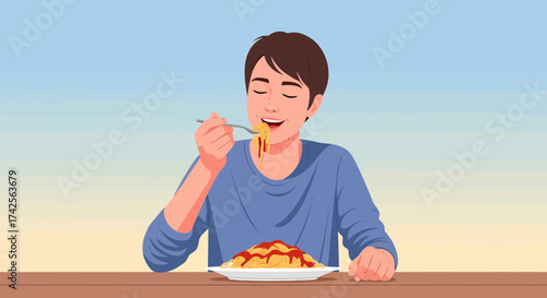 Boy Enjoying A Delicious Plate Of Spaghetti With Tomato Sauce