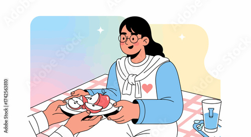 Caring Woman Receives Plate Of Sliced Apples And Fresh Water