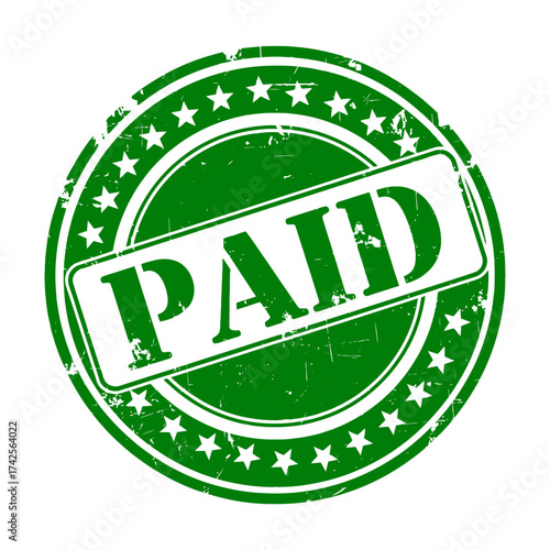 Green 'paid' stamp seal with stars grunge texture officially approved transaction symbol vector