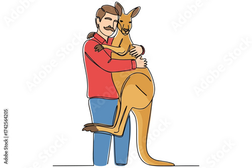 Vector art of continuous line drawing of man hugging kangaroo affectionate relationship concept