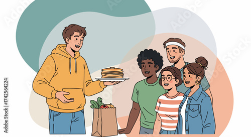 Friendly Gathering With Pancakes And Groceries Among Diverse Friends