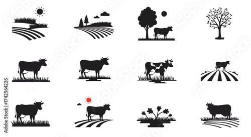 Black silhouettes depicting farm life elements including cows trees and fields