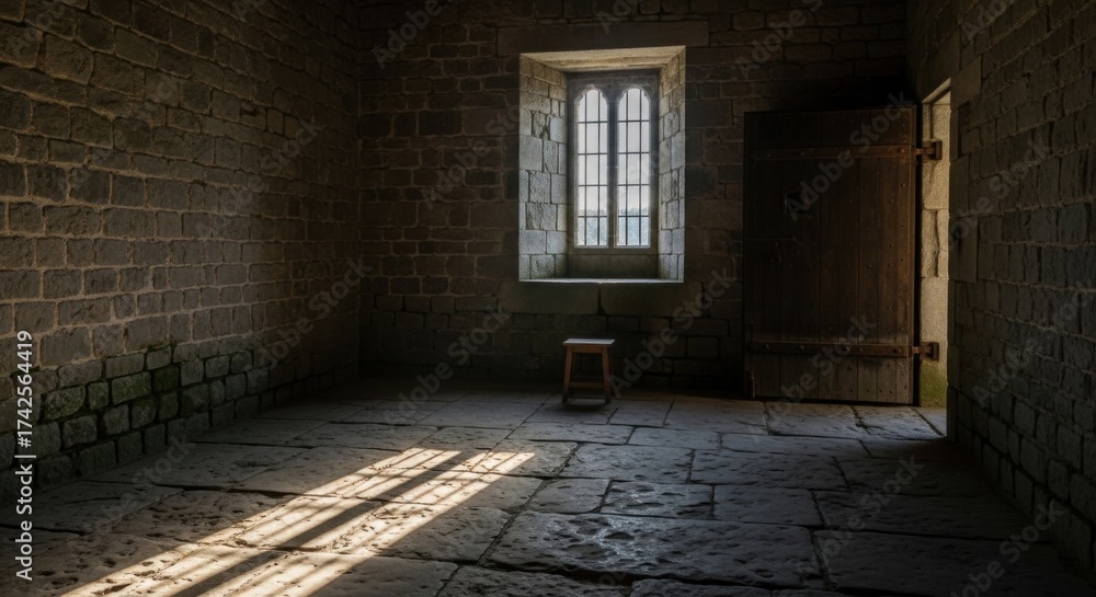 Fototapeta premium Old Stone Room with Small Wooden Stool and Sunlight Streaming Through Window