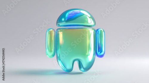 Android Mascot: A glossy, iridescent Android mascot stands boldly, emanating innovation, technology, and the future of computing. Capturing the essence of a digital landscape.