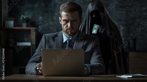 Shadowy Deal: A man engrossed in his laptop, unaware of the sinister figure lurking behind him, offering a bribe. This image explores themes of corruption, betrayal, and temptation.