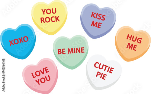Seven colorful valentine candy hearts with different phrases on them editable vector file