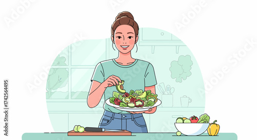 Happy Woman Preparing Healthy Salad in Kitchen For Wellbeing Meal