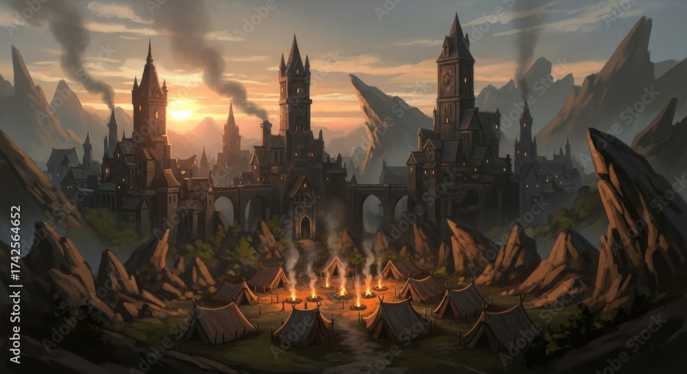 Naklejka premium Fantasy Medieval Castle Scene with Tents and Mountain Backdrop at Sunset