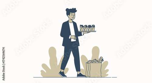Man Carrying Kebab Tray With Grocery Bag, Flat Style Illustration