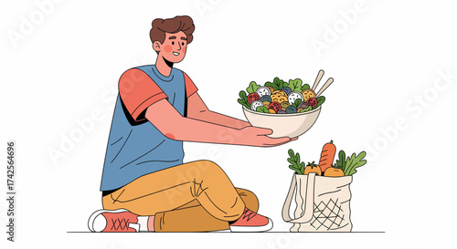 Man Enjoying Healthy Salad After Grocery Shopping At Home