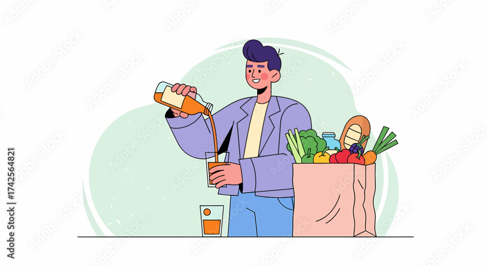 Obraz premium Man Pours Orange Juice After Shopping For Fresh Groceries