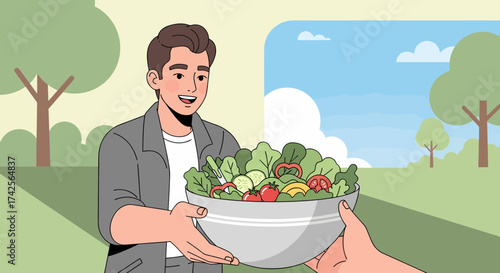Offering Fresh Salad Bowl For Healthy Lifestyle In Outdoor