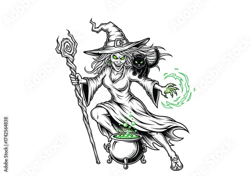 A witch with a cat on her shoulder stirring a cauldron with a staff and green magic in the dark