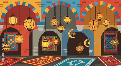 Vibrant ramadan market scene with colorful arches traditional lanterns and rugs