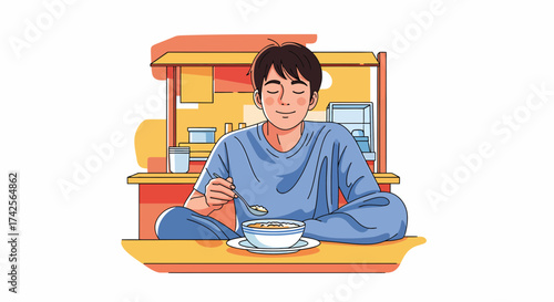 Relaxed Morning Meal Young Man Enjoying Breakfast Illustration