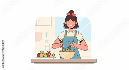 Woman Cooking Healthy Food in The Kitchen At Home Illustration