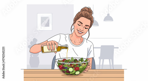 Woman Pouring Olive Oil Onto A Fresh Vegetable Salad