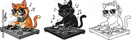DJ Cat Spinning Records Vector Illustration