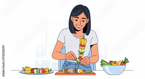 Woman Prepares Colorful Vegetable Skewers For Healthy Meal