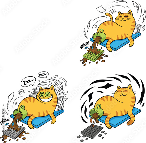 Four Lazy Cat Character Doodles Spilling Coffee