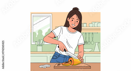 Woman Prepares Papaya Fresh Cut in Modern Kitchen Setting
