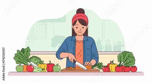 Woman Preparing A Healthy Meal With Vegetables And Fruits In Kitchen