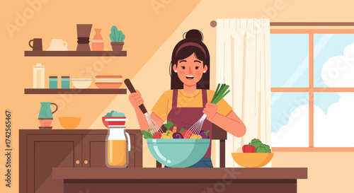 Woman Preparing A Salad In The Kitchen With Fresh Vegetables
