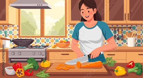 Woman Preparing Healthy Meal In The Kitchen With Fresh Vegetables