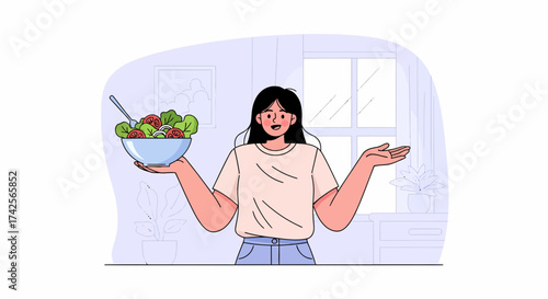 Woman Presenting Salad Bowl, Healthy Eating Lifestyle Concept Illustration