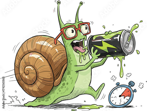 Hyper Snail Mascot Drinking a Caffeinated Energy Drink