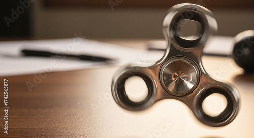 Fidget spinner spinning on a wooden table with papers and pen nearby  