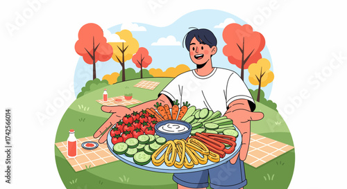 Young Man Enjoying Healthy Snack Platter During Autumnal Picnic