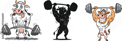 Muscular Cow Bodybuilder Mascots with a Barbell