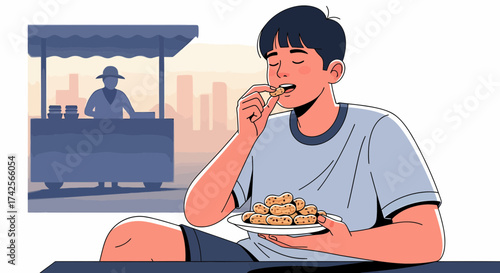 Young Man Enjoys Snack From Street Vendor In The City