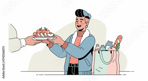 Young Man Receiving Fresh Apples From Plate After Grocery Shopping