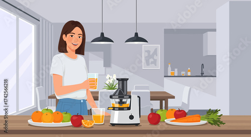 Young Woman Making Fresh Juice At Home In Modern Kitchen