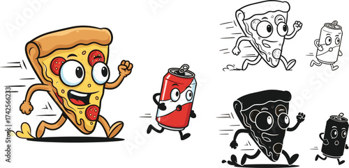 Pizza Slice and Soda Can Racing Vector Illustration
