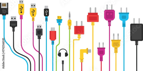Illustration of various colorful cables and plugs on white backdrop editable vector file