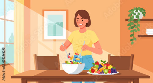 Young Woman Preparing Fresh Fruit Salad At Home Healthy Eating