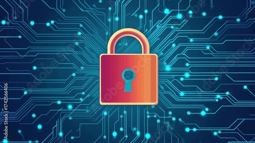 Digital Fortress: A captivating visual narrative of cyber security, a gleaming padlock, symbolizing unwavering protection, rests upon an intricately detailed circuit board.